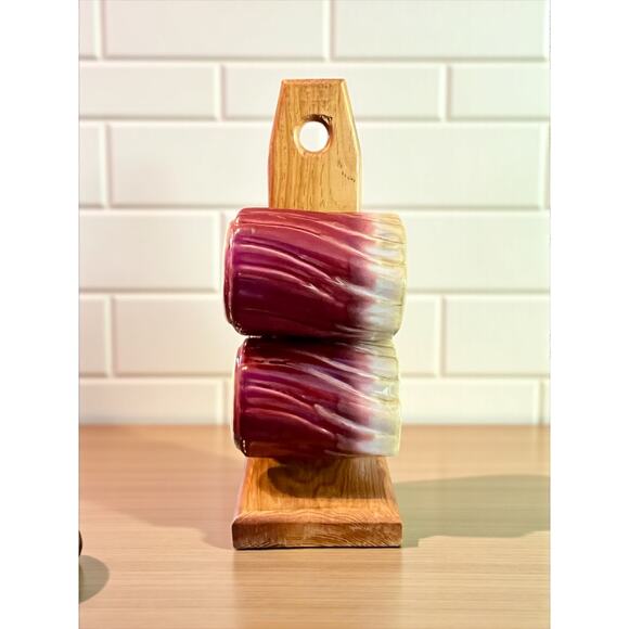 Rodolfo Padilla Drip Glaze Stoneware Mugs-Set of 4-Wood Stand-Mexico-Pottery-Red - Picture 9 of 11